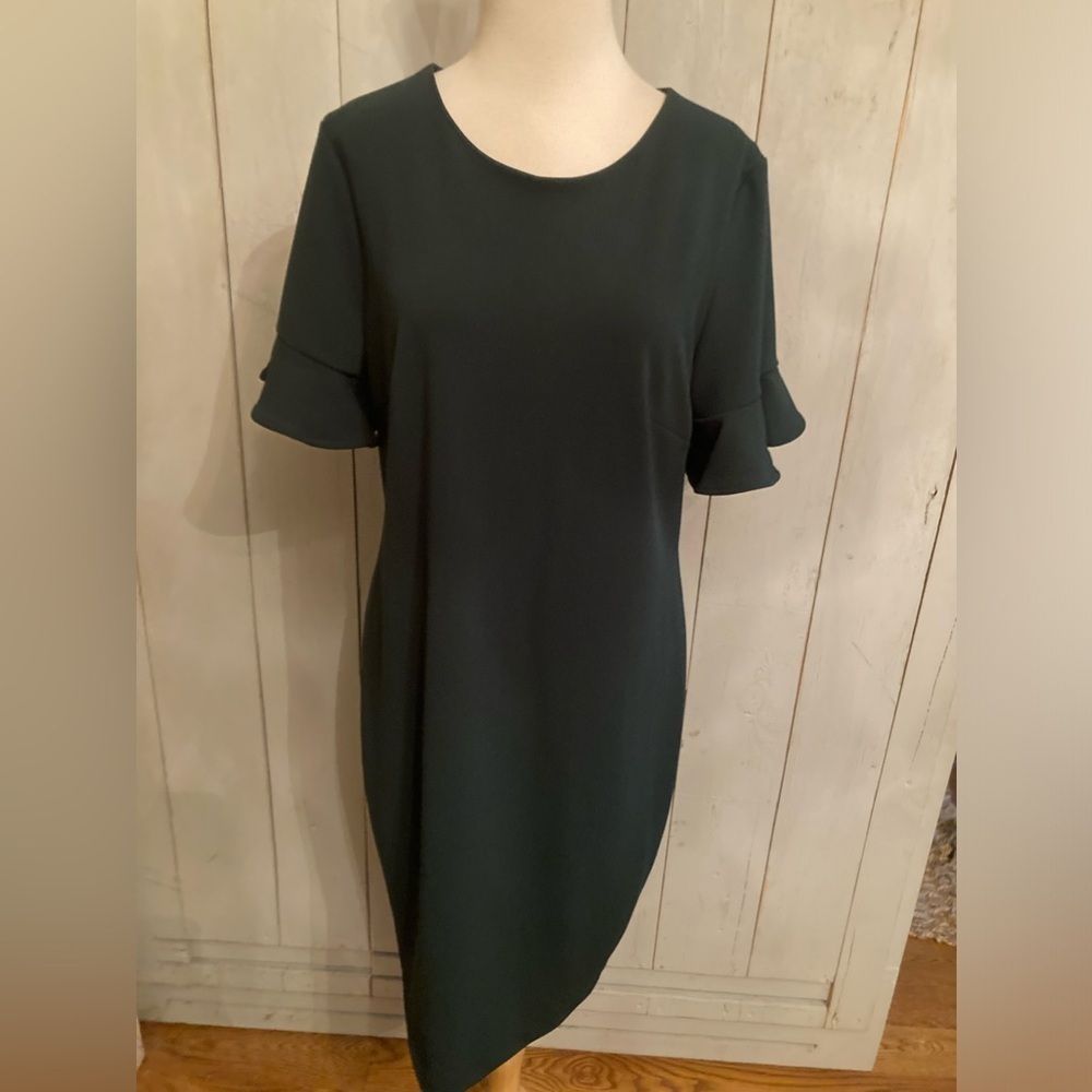 CALVIN KLEIN Solid Black Stretch Flutter Sleeve Sheath Dress Size 12 128$